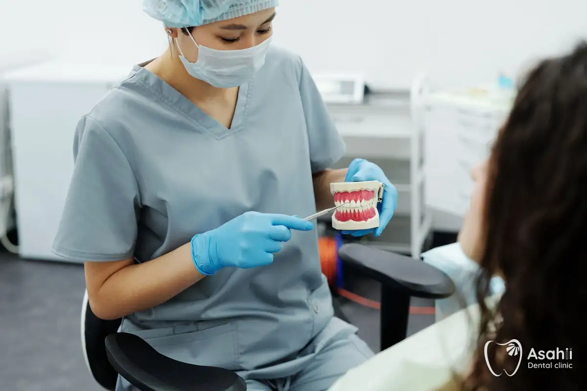 Bác sĩ giải thích trên mô hình hàm các giai đoạn của một ca niềng răng